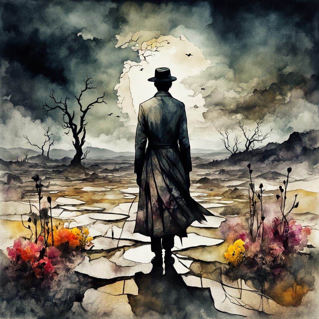 Surreal Exile in Desolate Landscape with Ink-Wash Effect