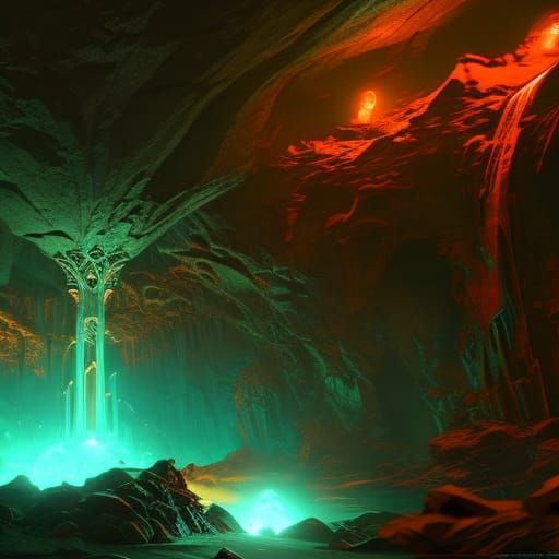 Treasure Cave: Hyperdetailed Concept Art in Orange and Teal
