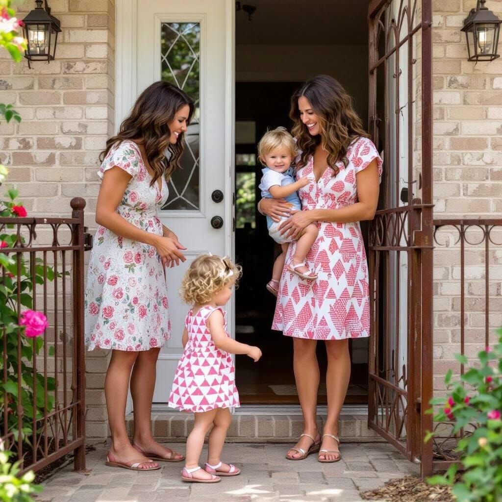 Women and Toddlers at a Light Brick House Back Door