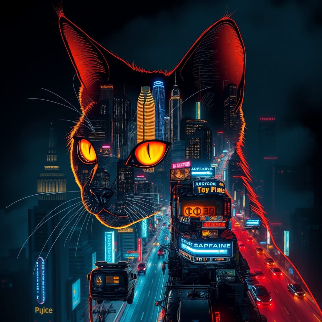 Cyberpunk Cat Illuminated by Urban Dreams