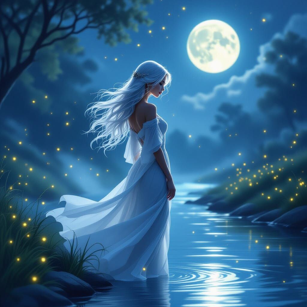 Ethereal Woman Dancing by Moonlit River in Airbrush Style