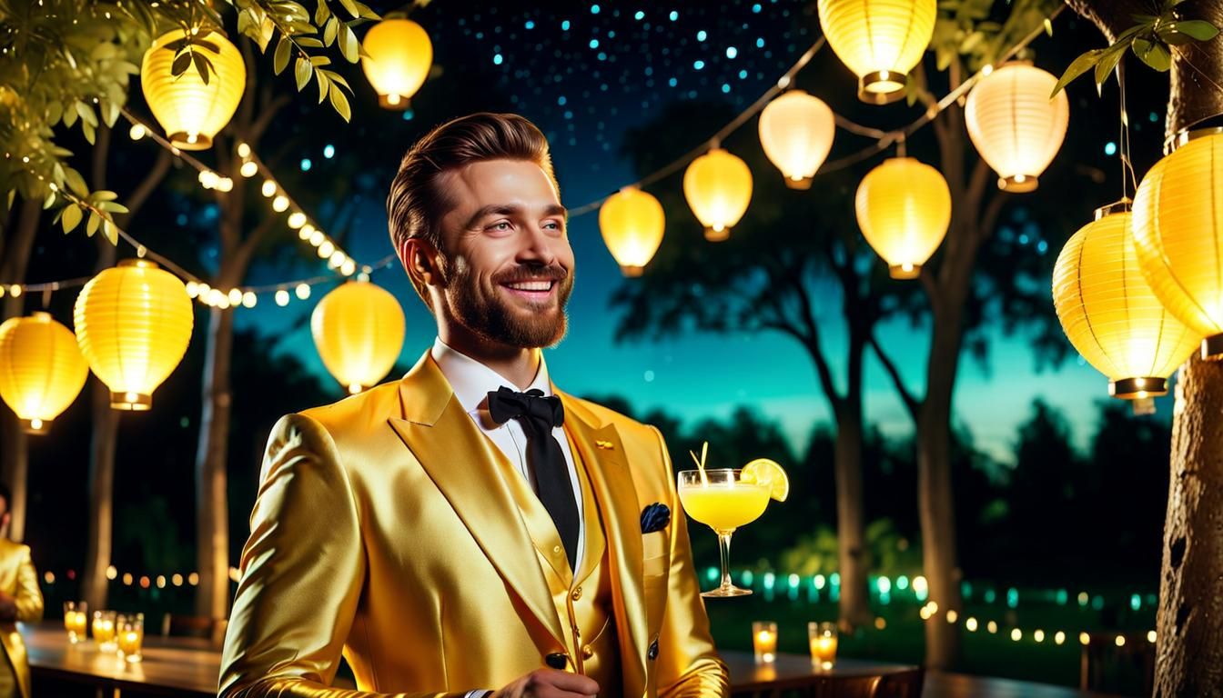 Man Celebrates Under Starry Cosmic Night in Vibrant Gold Att...