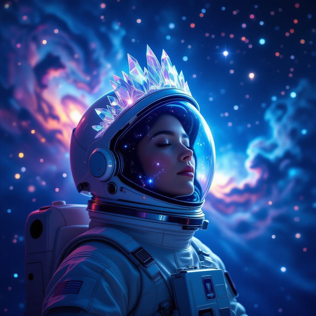 Astronaut with Crystalline Crown in Cosmic Nebula