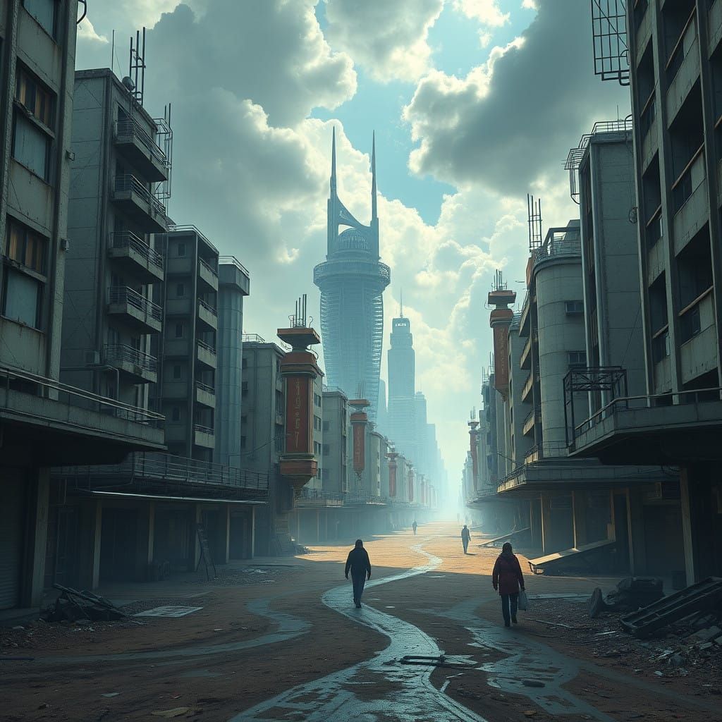 Uma cidade futurista em ruínas, com edifícios de concreto e metal quebrados, as ruas cobertas por detritos e poeira. No ...