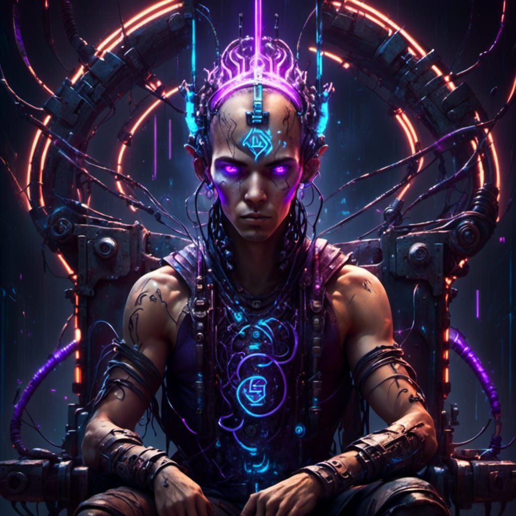 Cyberpunk Mastermind with Glowing Runes on Throne