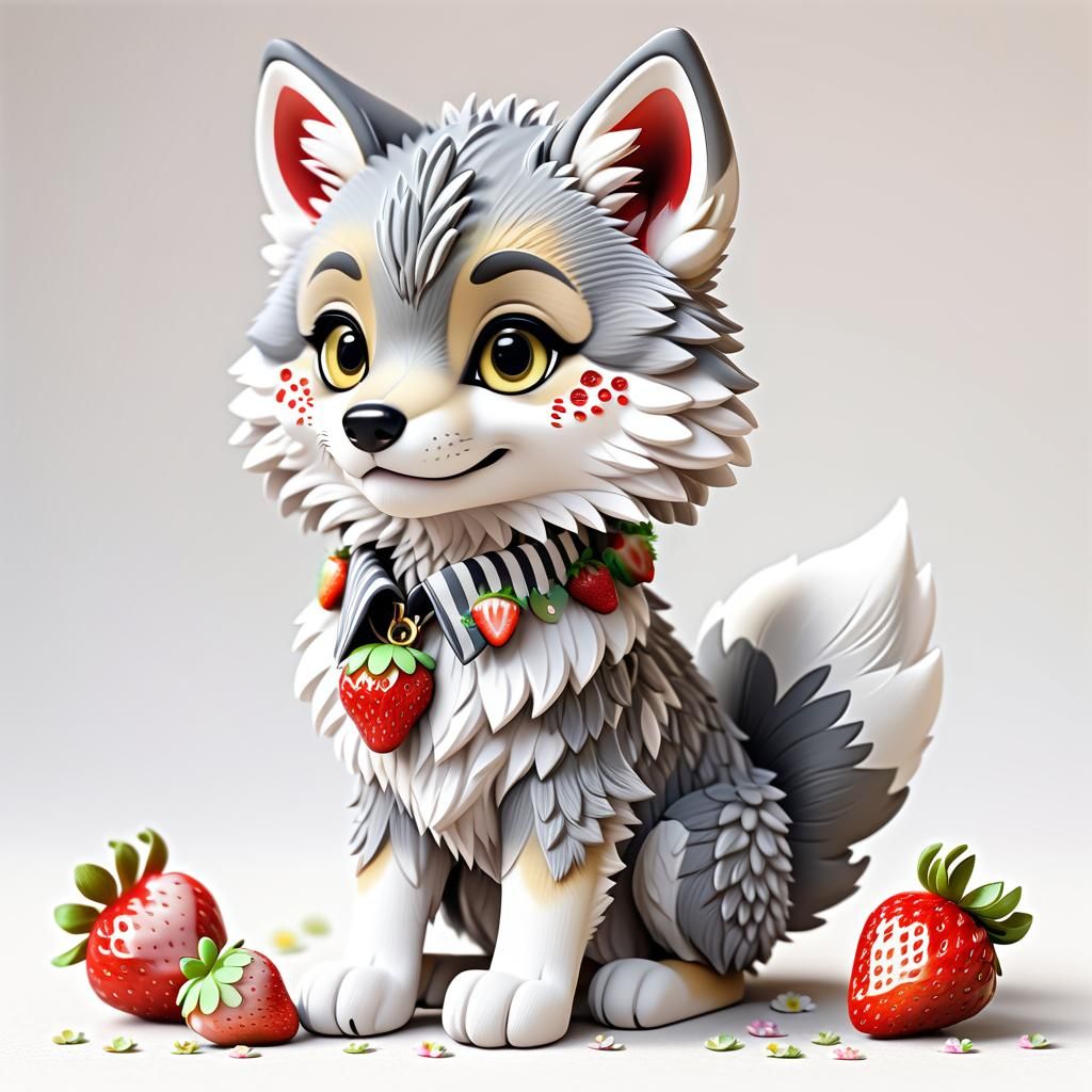 Adorable Chibi Coyote with Flowers and Strawberries