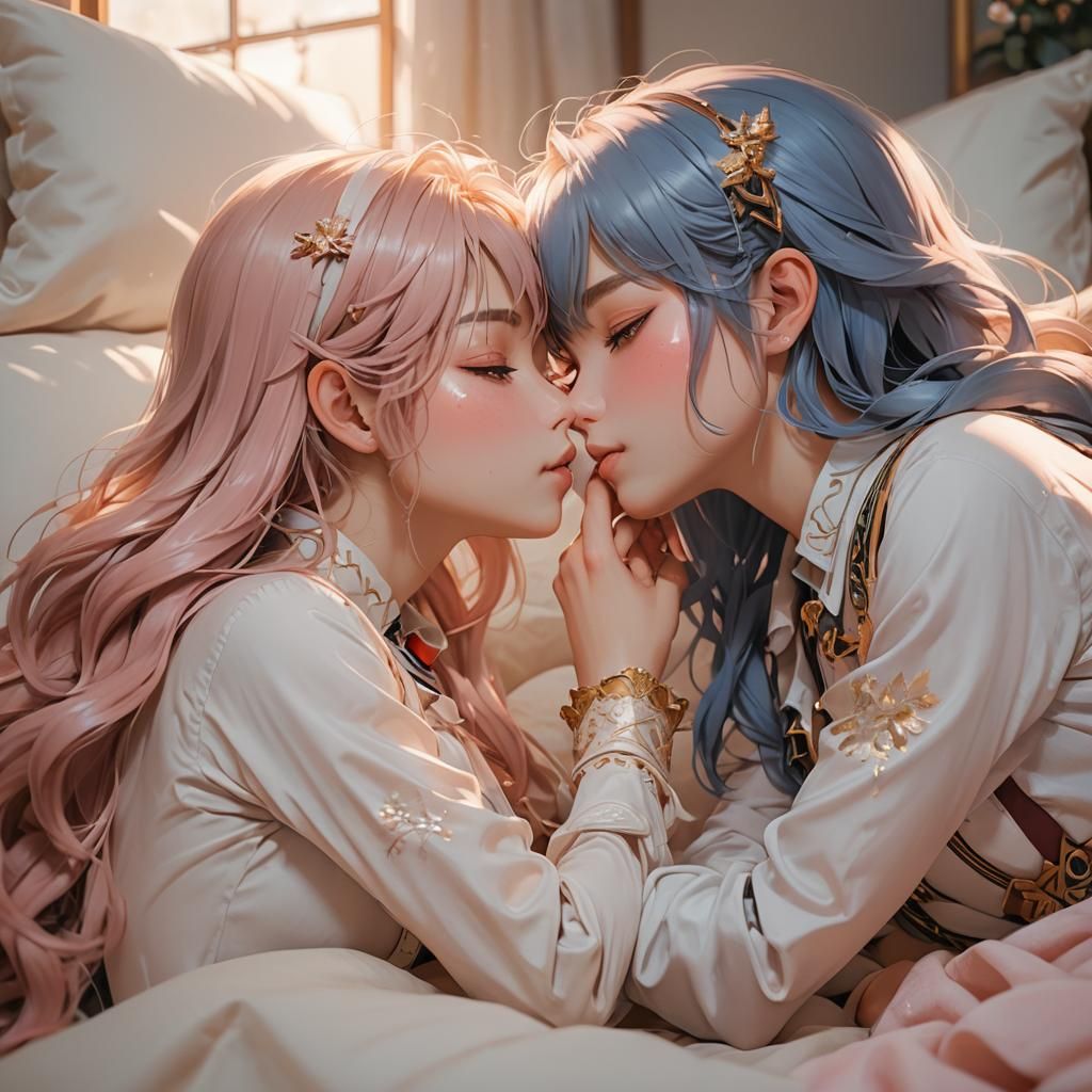 Intimate Moment: Two Girls Kissing in Dreamy Anime Style