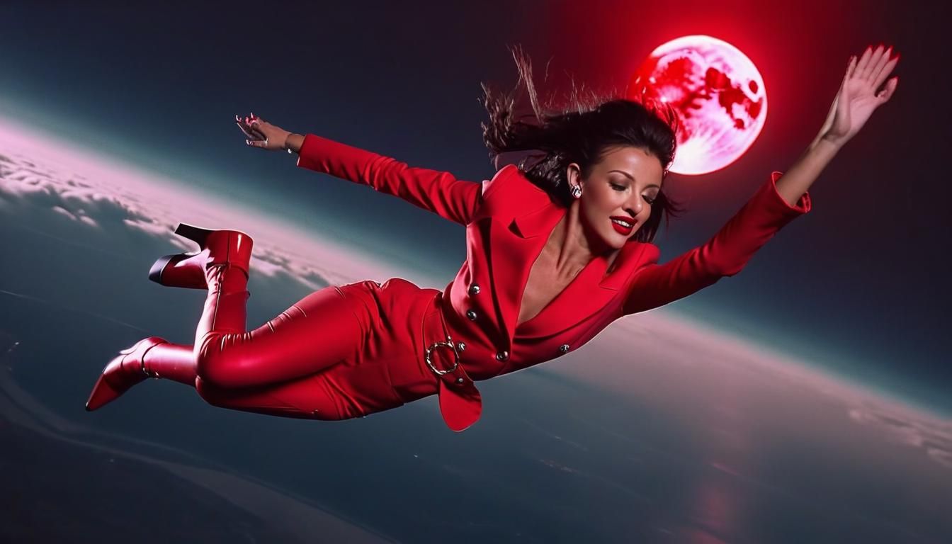 Woman in Red Suit Flies Through Air