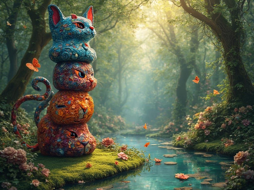 Whimsical Mosaic Cat Totem in Enchanted Forest