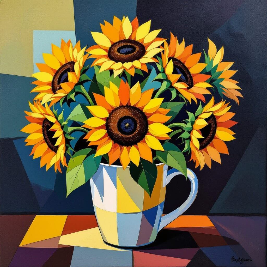 Cubist Sunflowers in a Mug with Bold Geometric Forms