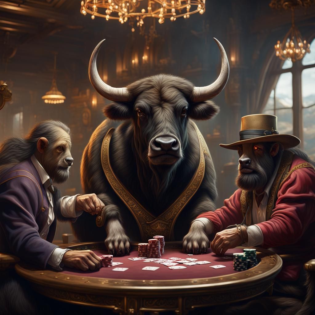 Buffaloes Playing Poker in Detailed Matte Painting Style