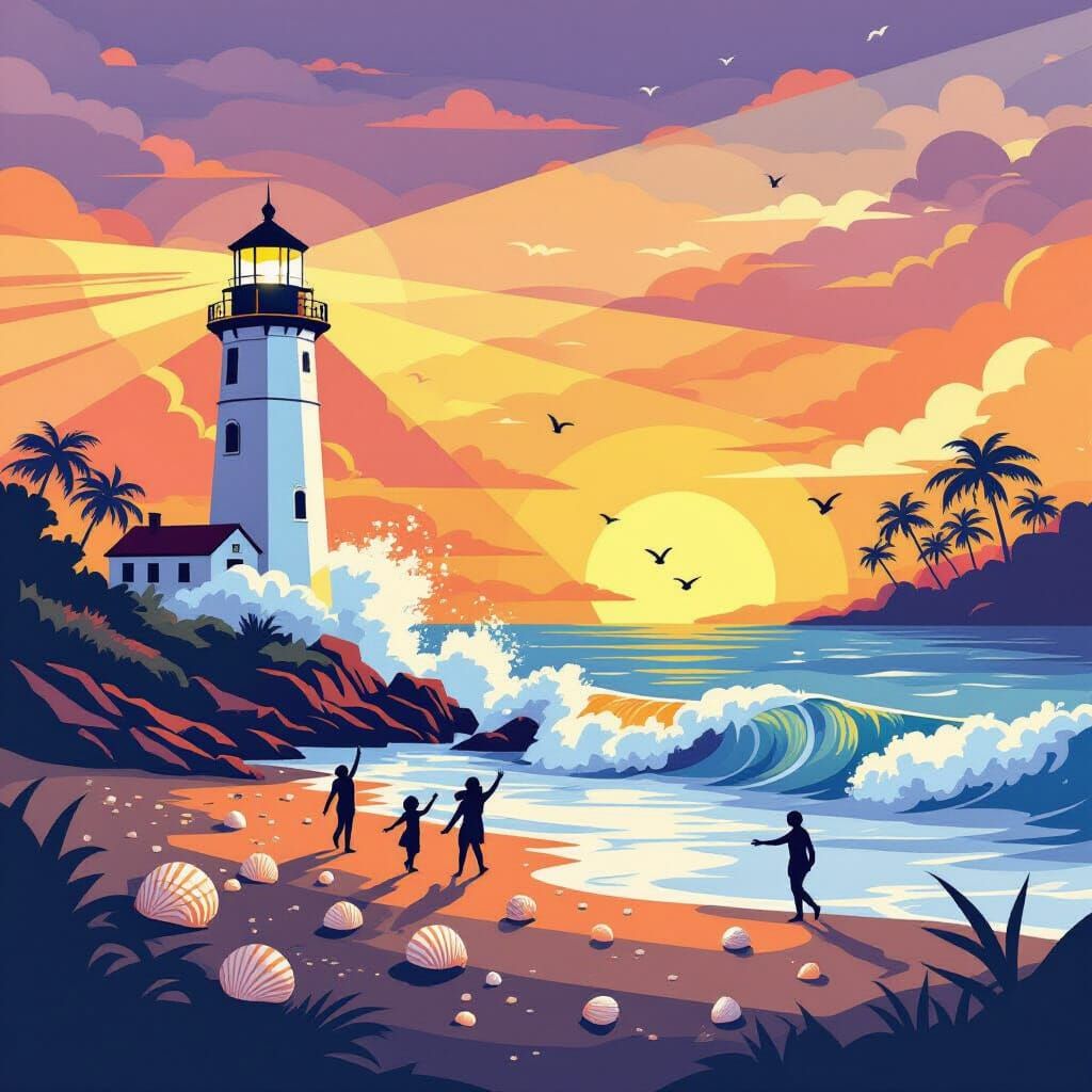 Lighthouse Beam Illuminating Sunset Waves