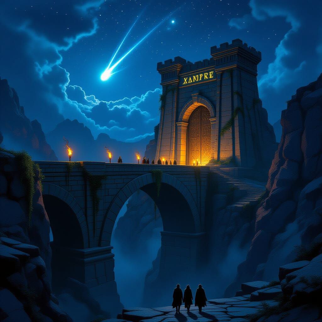 Ancient Stone Bridge Over Canyon with Glowing Gate