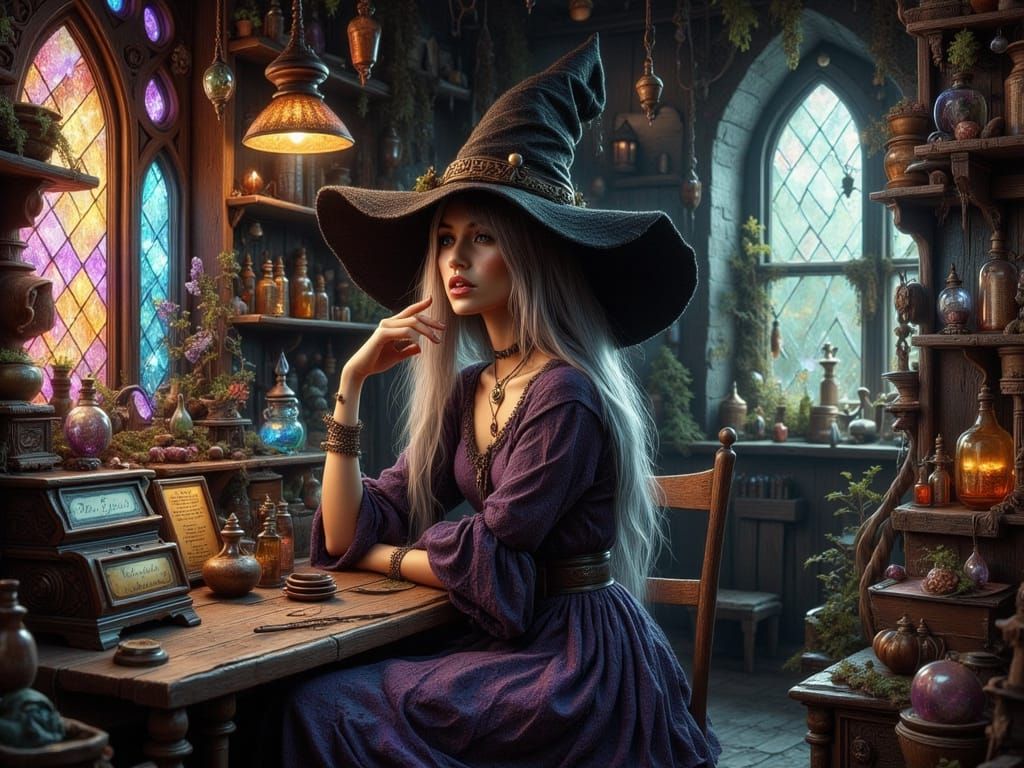 Bored Witch in Magic Shop