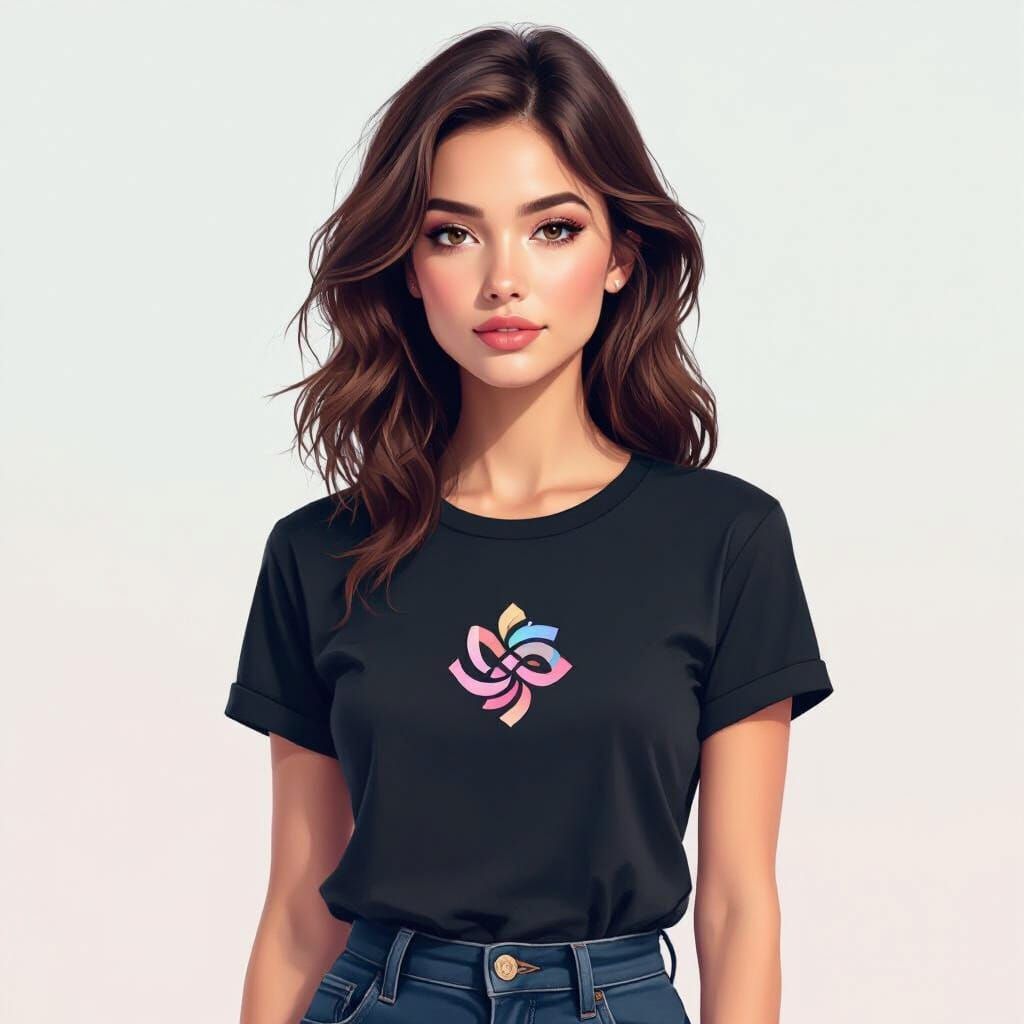 Stylish Woman in T-Shirt with Abstract Floral Logo