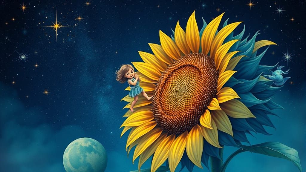 Girl Climbing a Giant Blue Sunflower