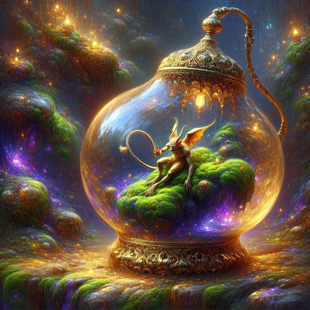 Jinn in Golden Lamp: Detailed Digital Painting
