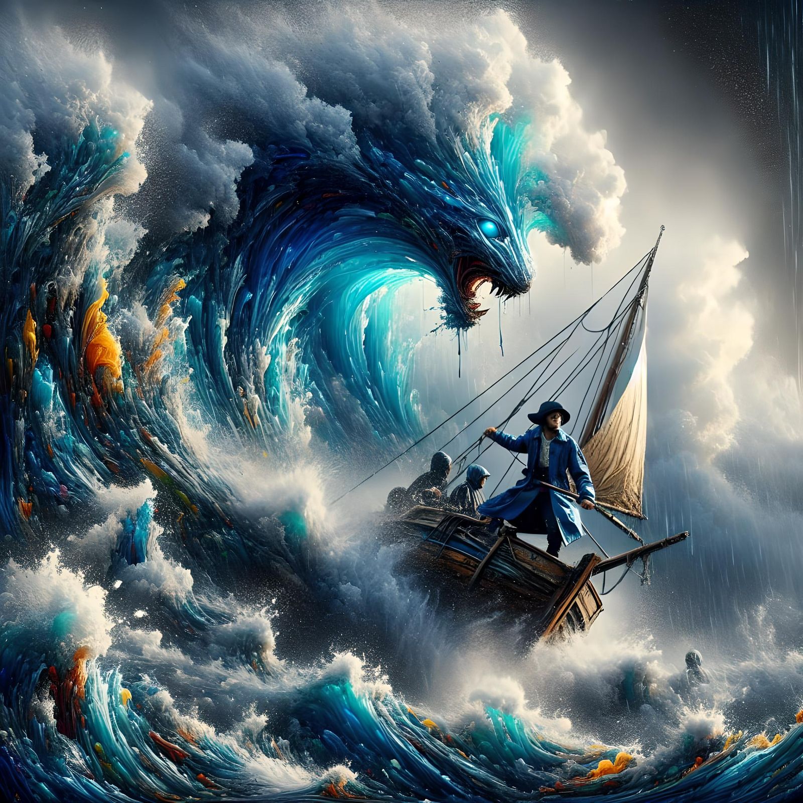 Boy Captains Pirate Ship Through Storm, Mixed Media