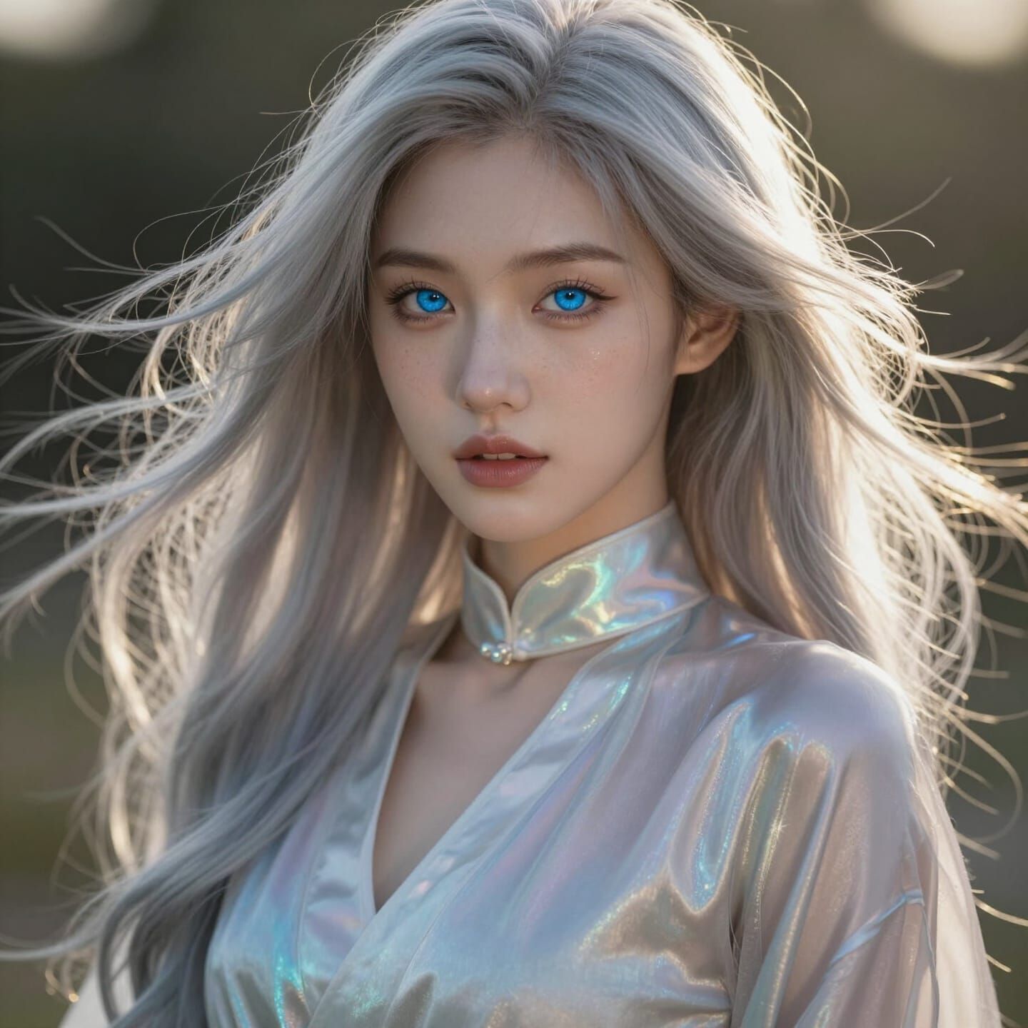 Enchanting Woman with Flowing Silver Hair and Sapphire Eyes