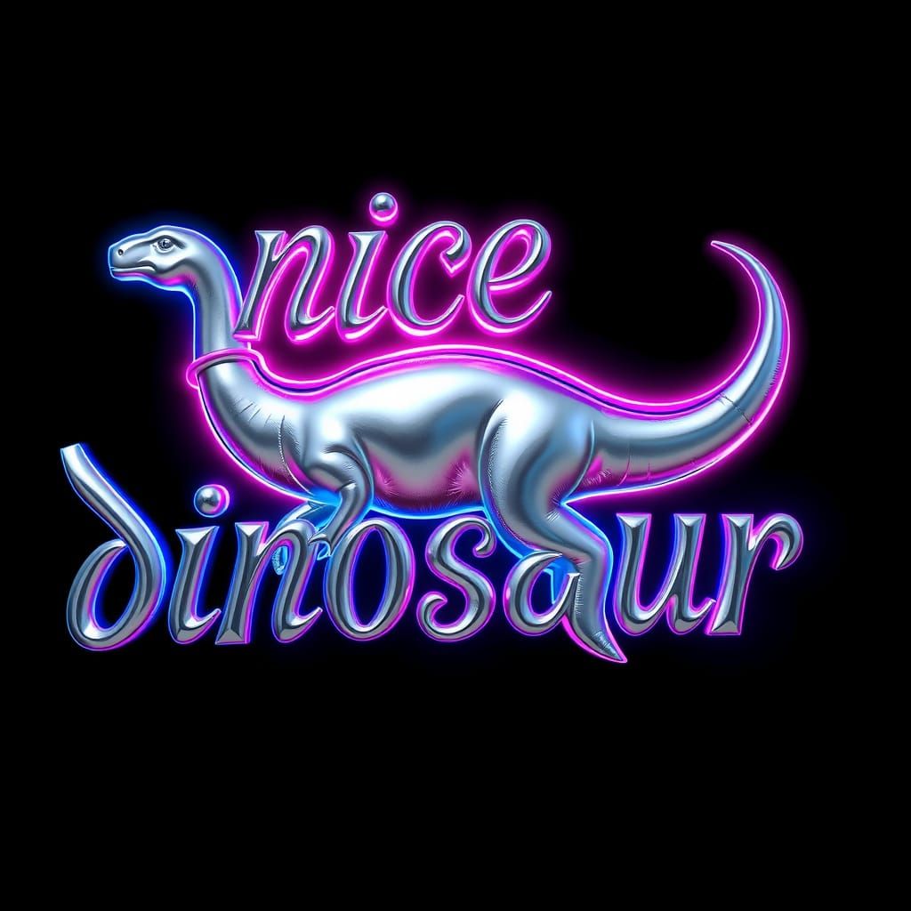 Text that says "nice dinosaur" in liquid metal typography, ornate script font, silver with a heavy blue outline, with th...