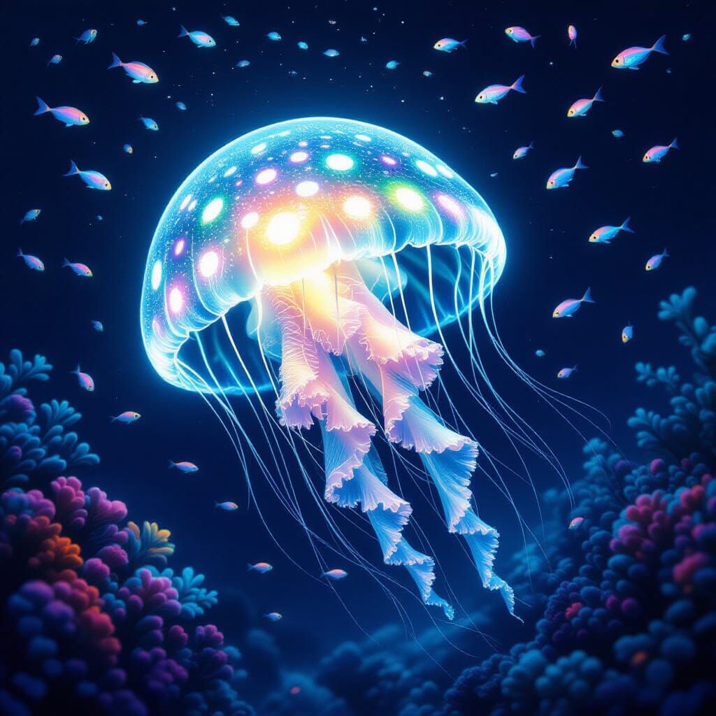 Bioluminescent Jellyfish Drifting in Alien Ocean