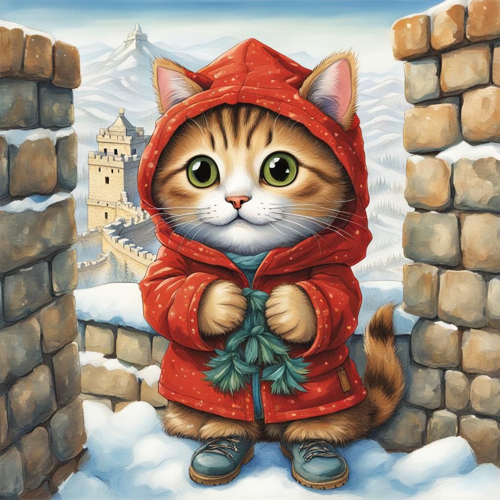 Adorable Cat on Great Wall: Whimsical Illustration