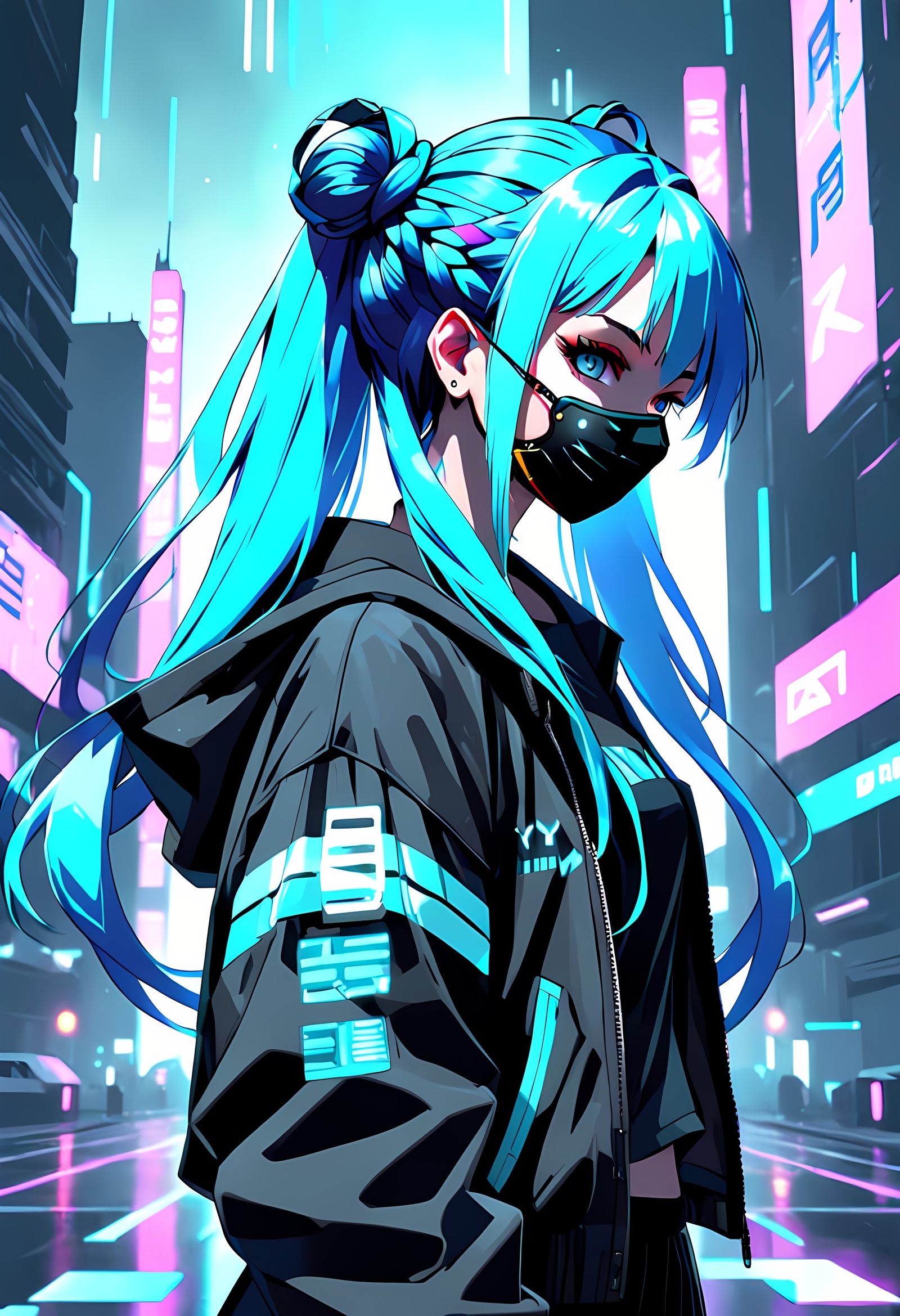 Anime Hacker Girl with Cyberpunk Accessories in Digital City