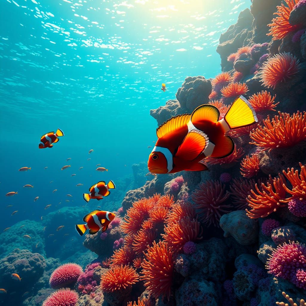 Lionfish and Clownfish in Coral Reef: Fantasy Art