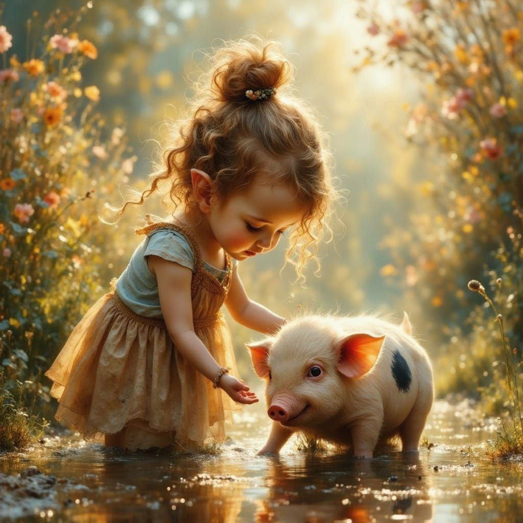 Surreal Springtime Scene with Golden Girl and Spotted Pig