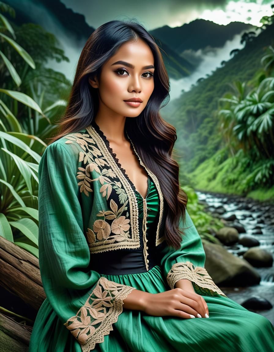 Young Woman in Tropical Forest at Night