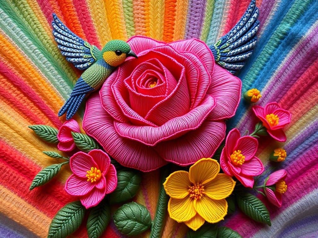 Embroidered Rose and Birds in 3D Art