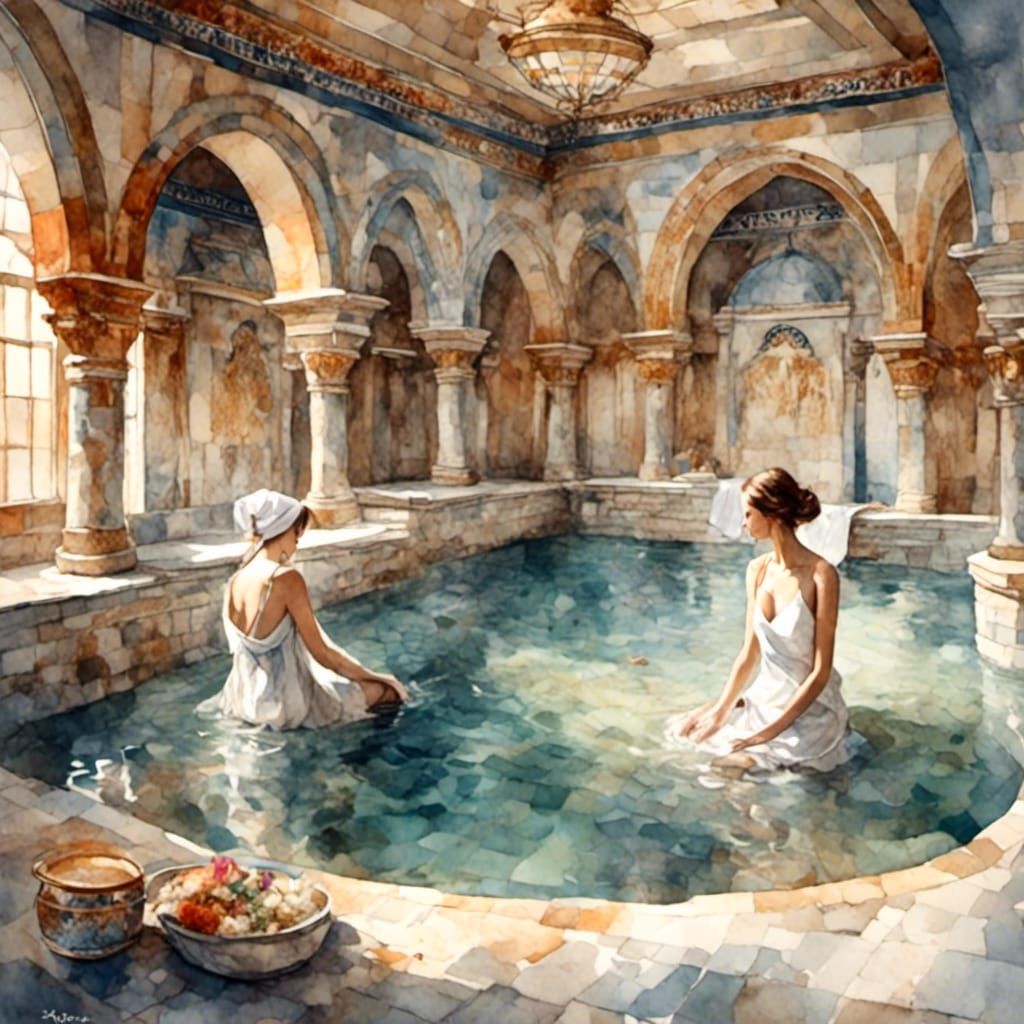 Turkish Bath in Patras: Antique Watercolor