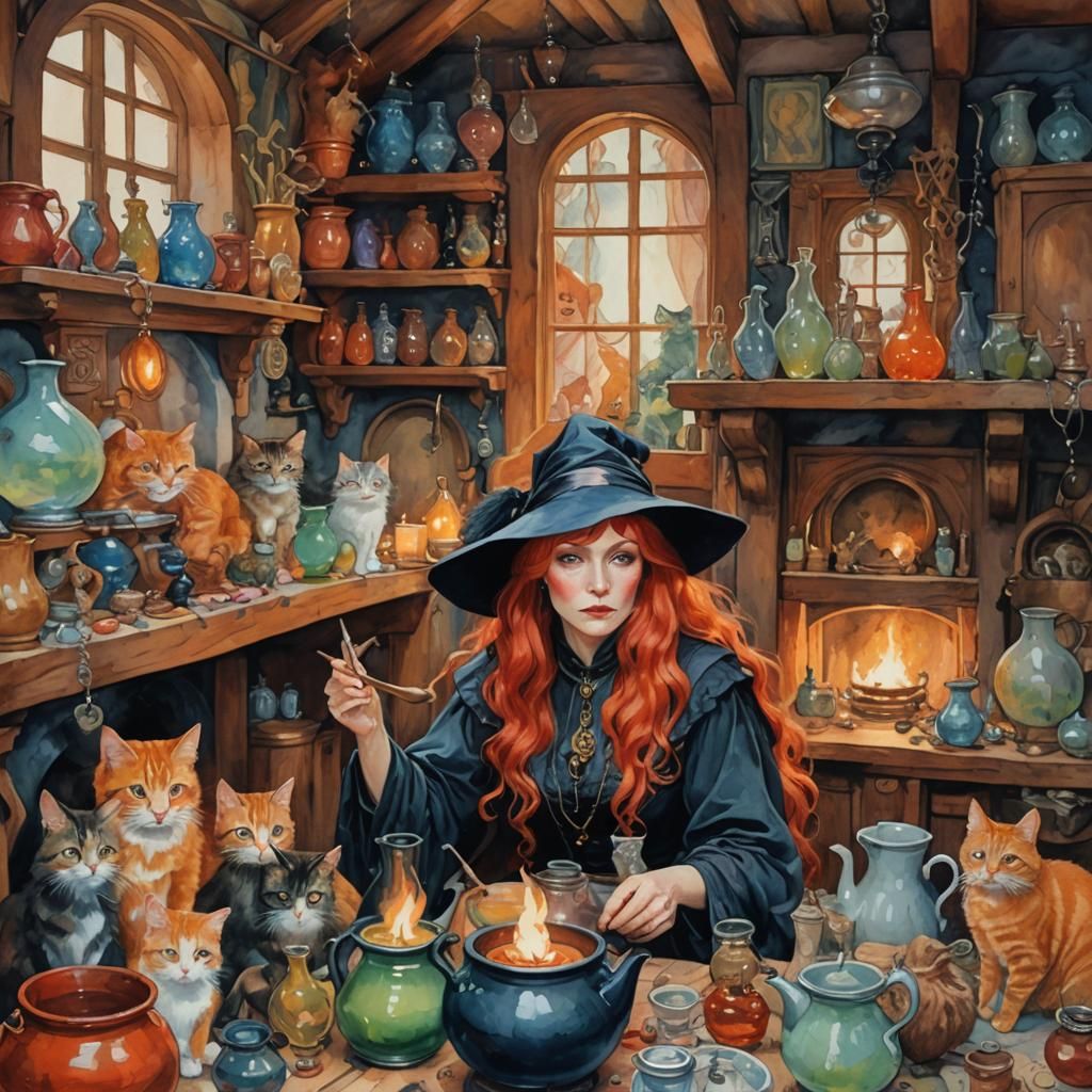 Red-Haired Witch in Cottage, Gouache and Watercolor Style