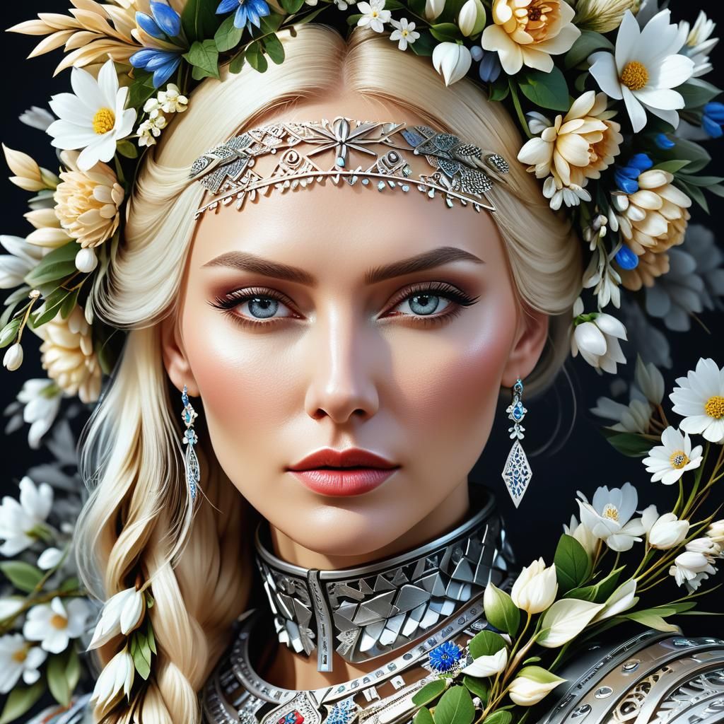 Futuristic Slavic Flower Queen: Hyperrealistic Portrait