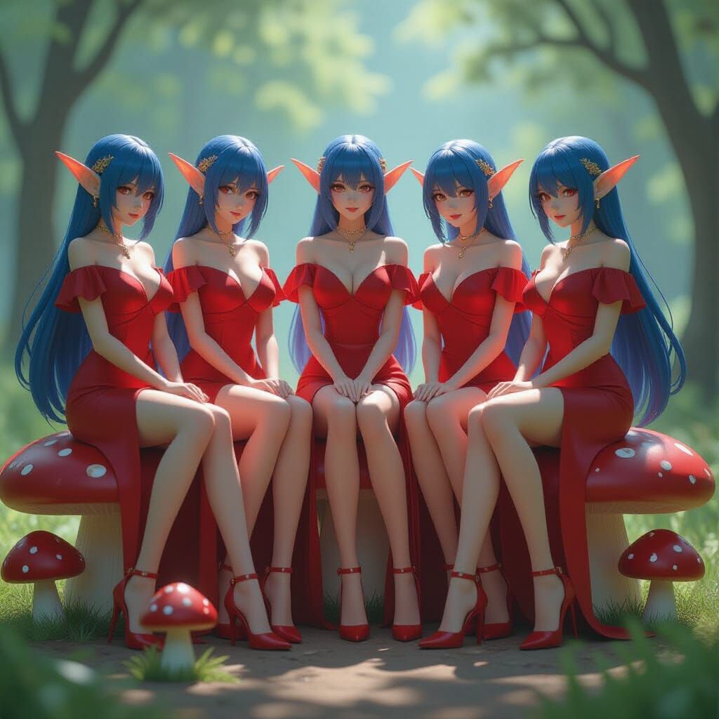 Six Elves in Red Dresses on Giant Mushrooms, 3D Anime Style