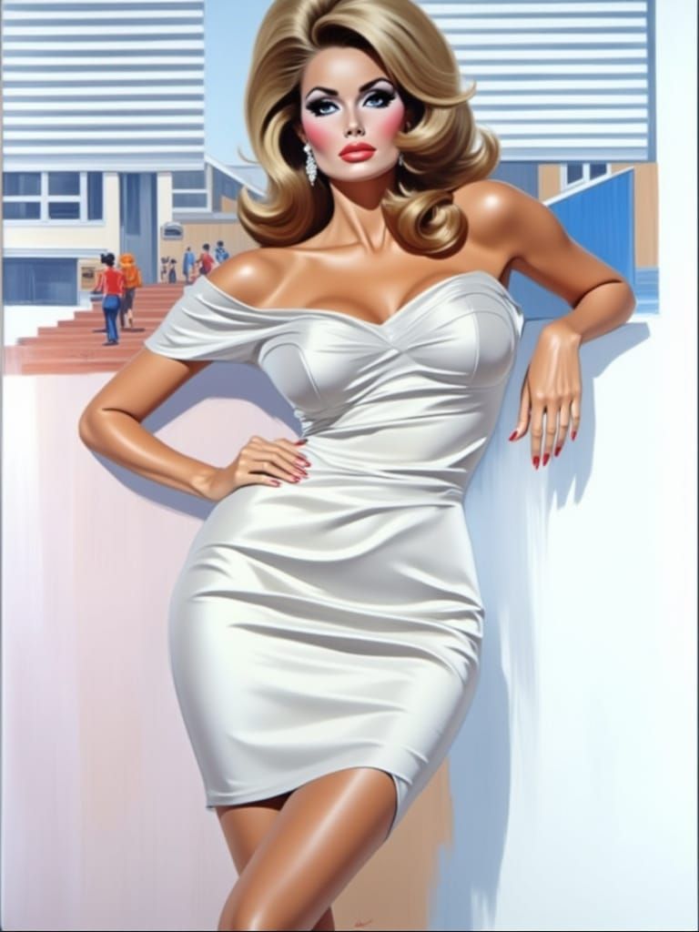 Elegant Woman in Taupe Dress, Abstract Urban Scene