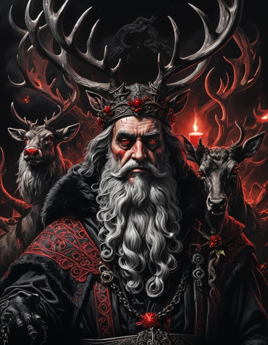 Dark Gothic Santa Claus with Demonic Reindeer