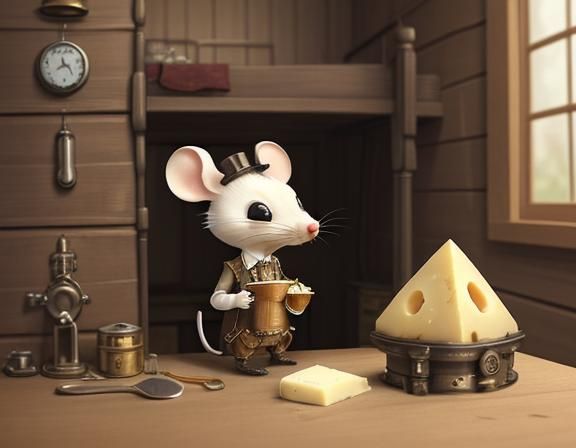 Mouse with Cheese in Steampunk Setting