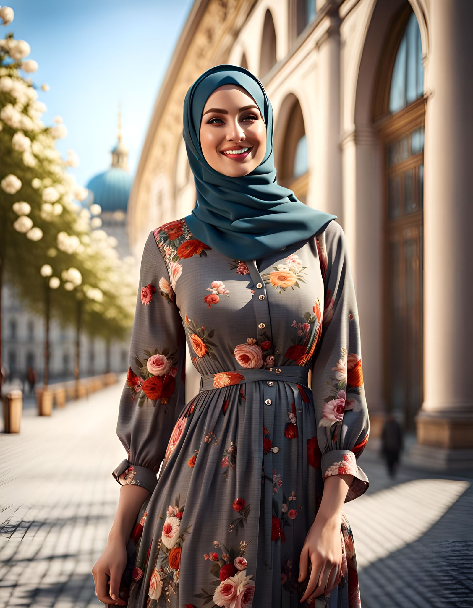 Curvy Woman in Floral Dress in Sunny City