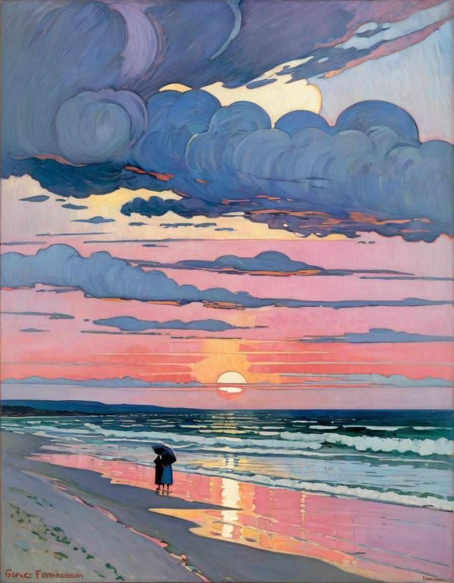 Sunset Rainstorm at Beach in Modern Art Style