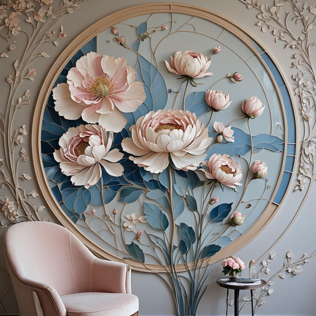 Art Nouveau Fresco with Peonies and Circuitry