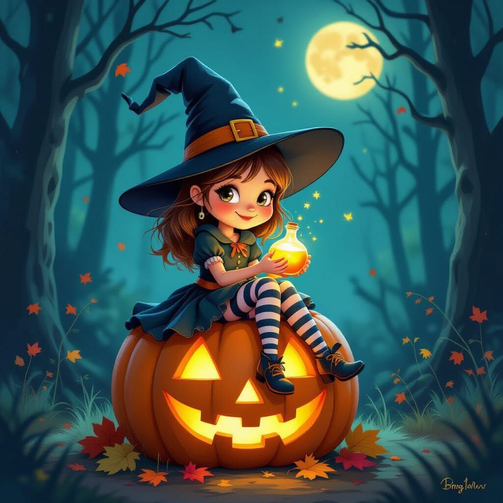 Cute Witch on Halloween Pumpkin in Spooky Forest