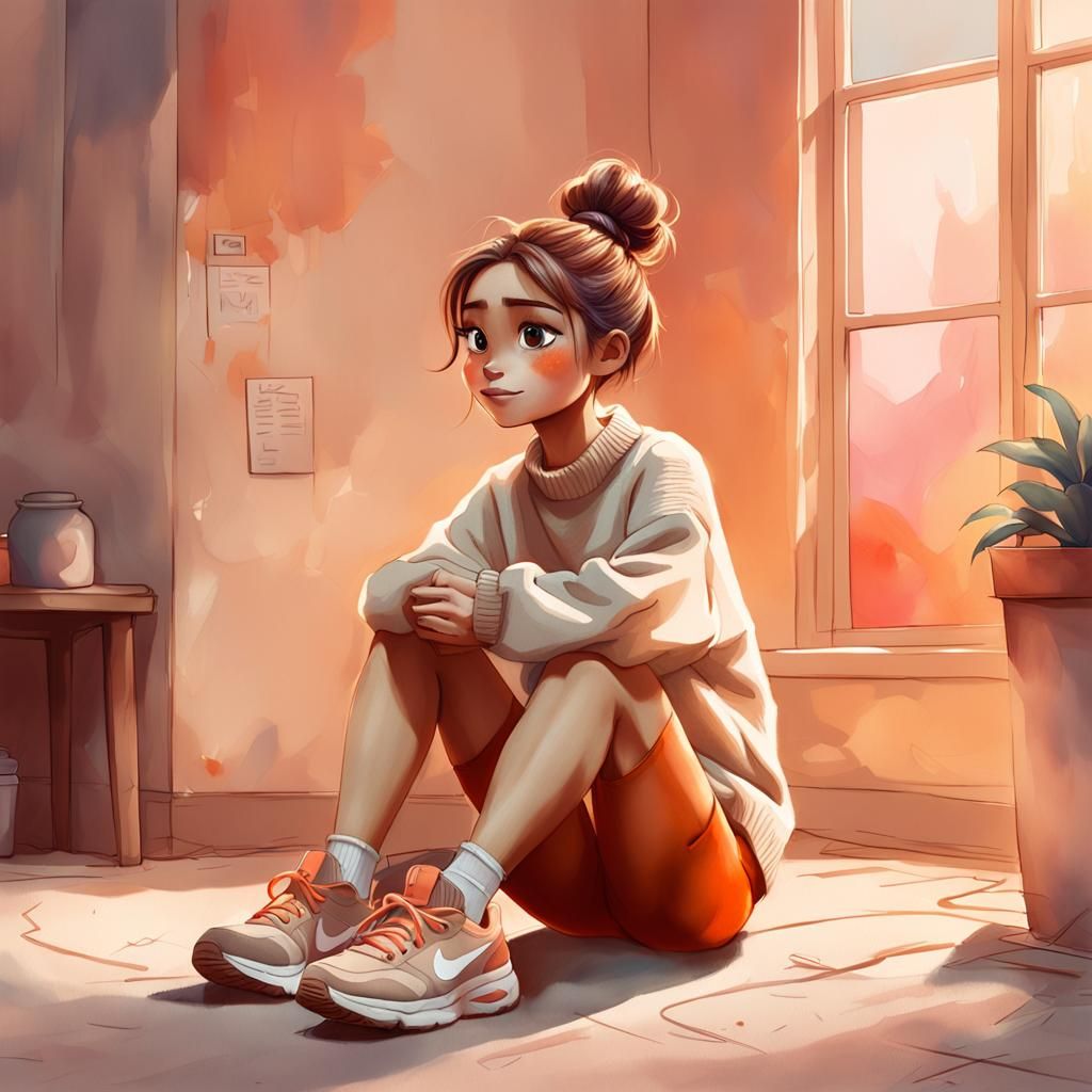 Shy Girl in Corner: Soft Pixar-Style Concept Art