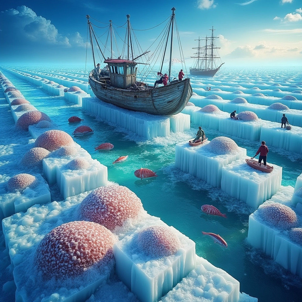 Frozen Beach Scene with Fishermen, in Surreal Style