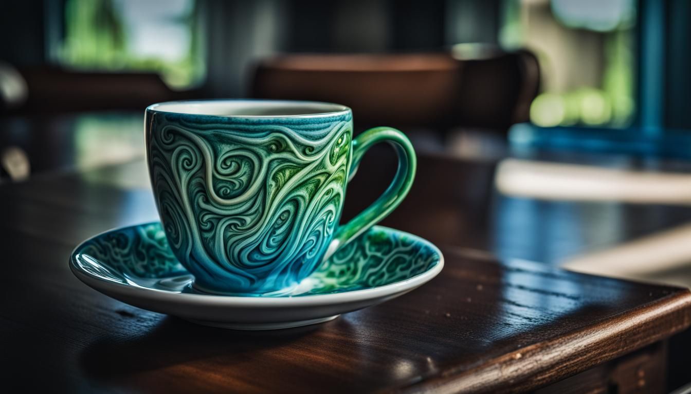 Hyperrealistic Coffee Cup with Blue and Green Shades