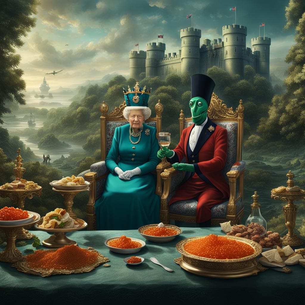 Gumby and Queen Enjoying Caviar, Detailed Matte Painting