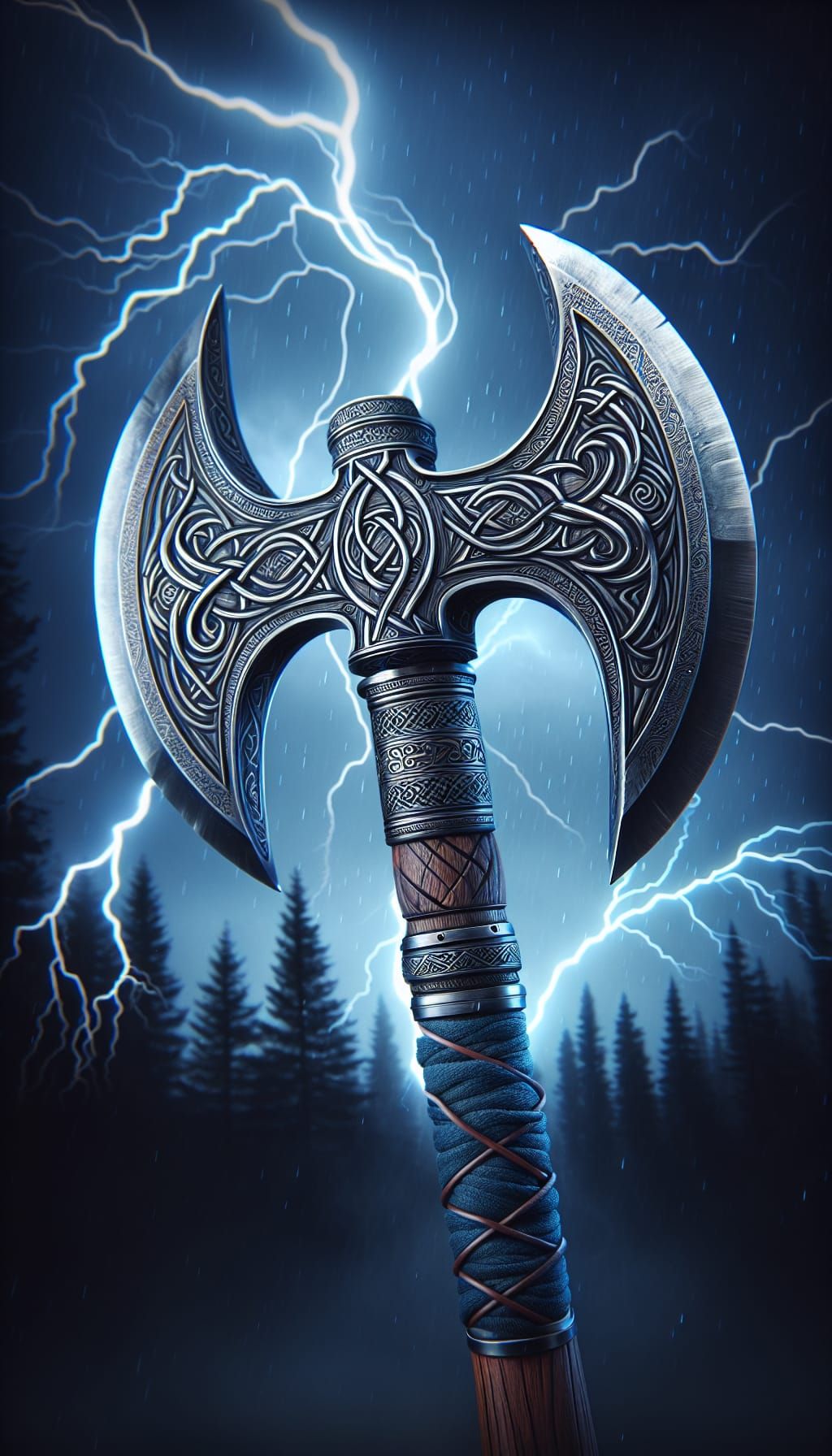 Ornate Double-Headed Axe Amidst Lightning Storm