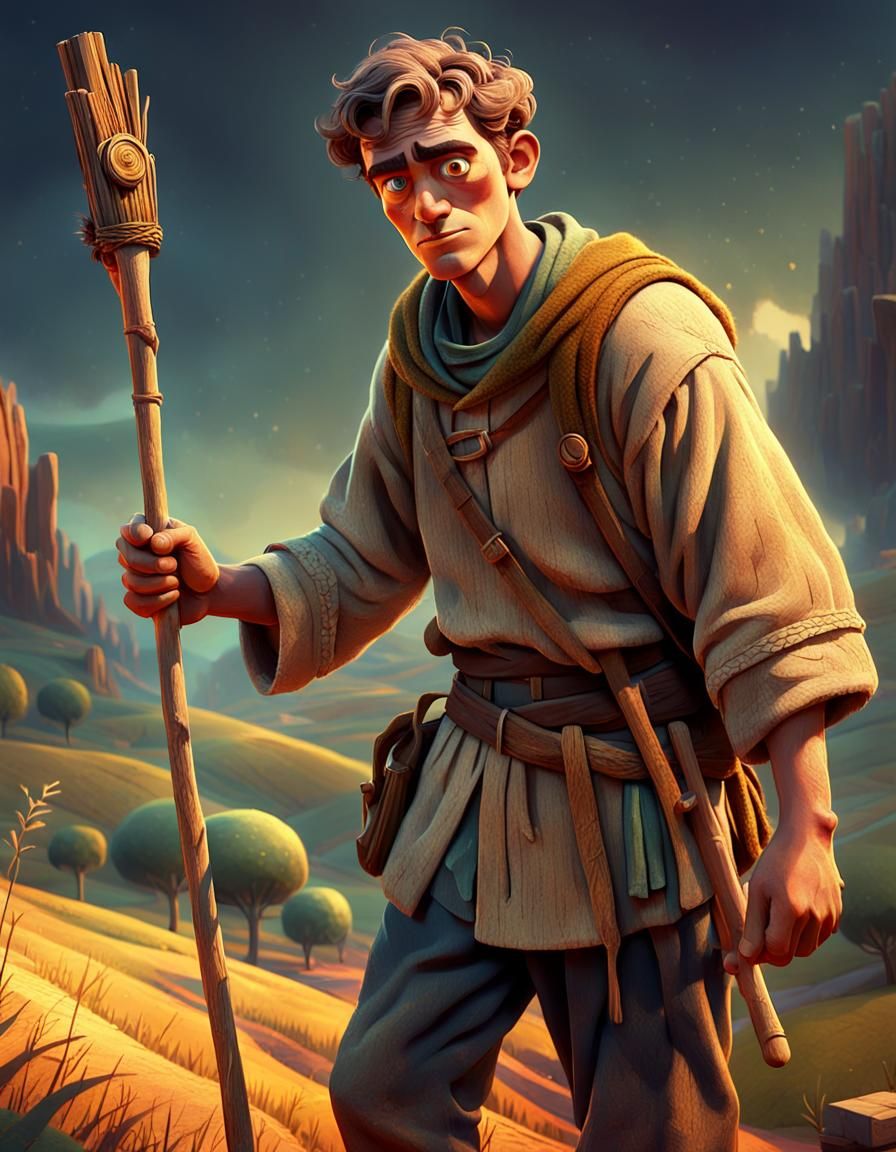 Young Peasant in Vibrant Landscape, Pixar Style