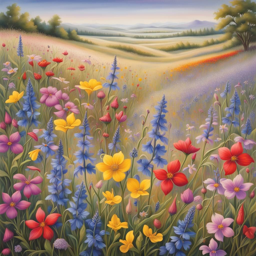 Serene Wildflower Landscape in Airbrush Style