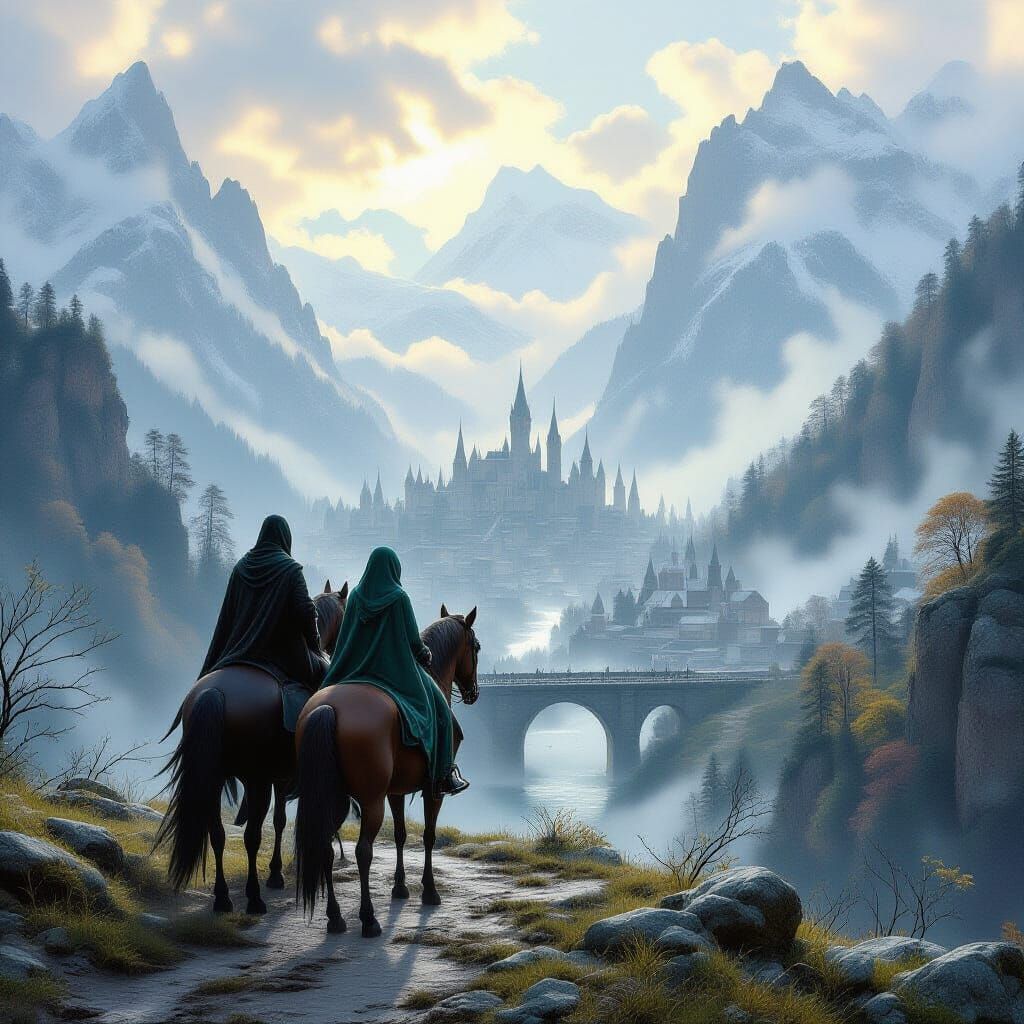 Ethereal Fantasy: Cloaked Figures Gaze Upon Empty City